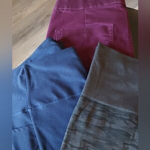 Set of Three Leggings in Blue, Plum, and Gray